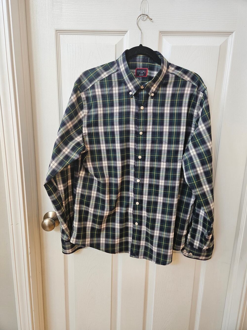UNTUCKit Dole Plaid Button Down Shirt Mens Large Green Blue Long Sleeve Reg Fit